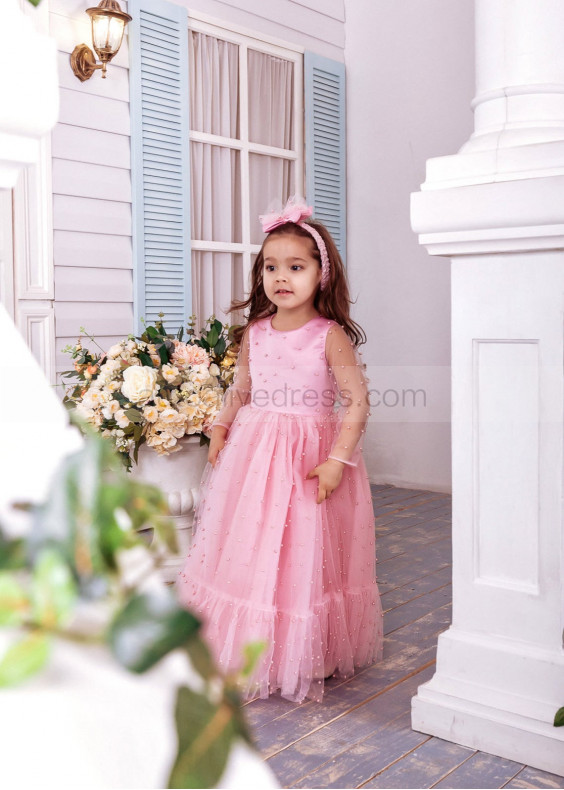 Blush Pink Pearl Beaded Satin Tulle Flower Girl Dress